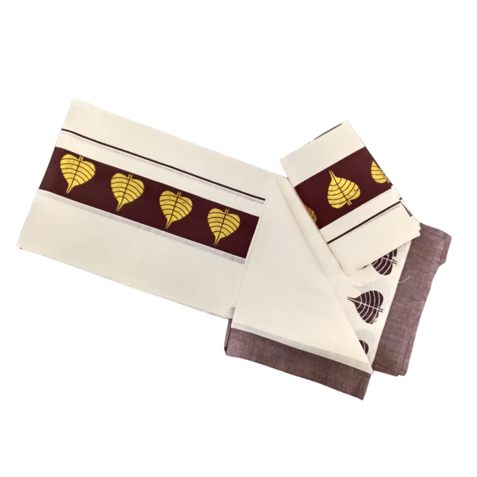 Ramsons Cotton Set Mundu with 3-inch Kattikkara Print - RM4 Brown