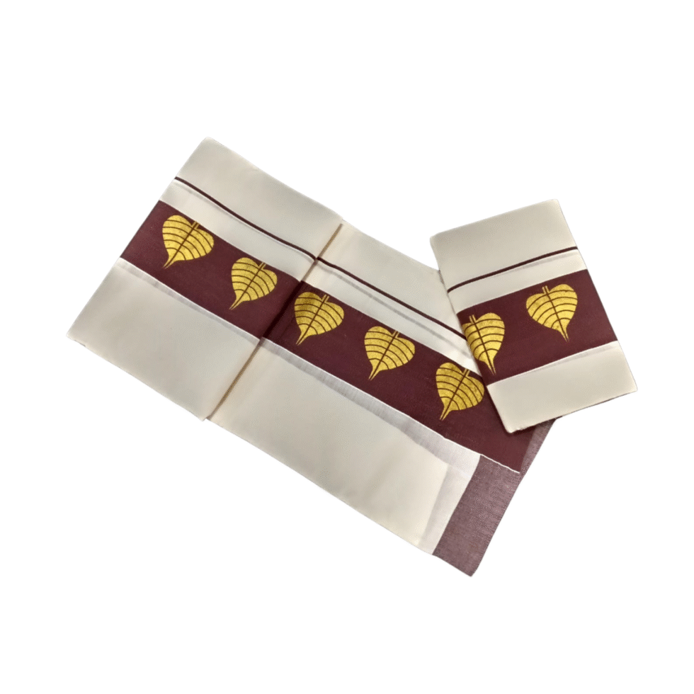 Ramsons Cotton Set Mundu with 3-inch Kattikkara Print - RM4 Brown