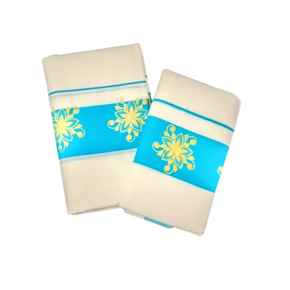 Ramsons-Cotton-Set-Mundu-with-3-inch-Kattikkara-Print-RM4-Cyan