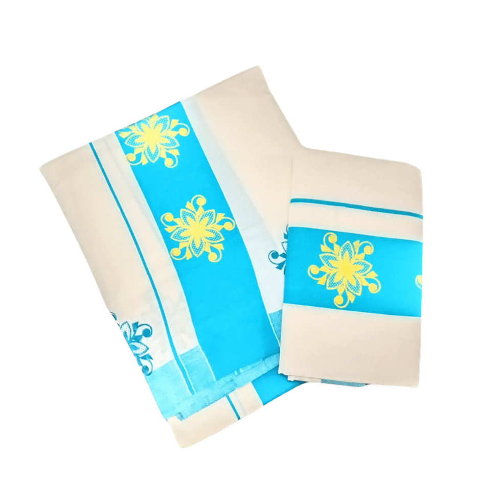 Ramsons-Cotton-Set-Mundu-with-3-inch-Kattikkara-Print-RM4-Cyan