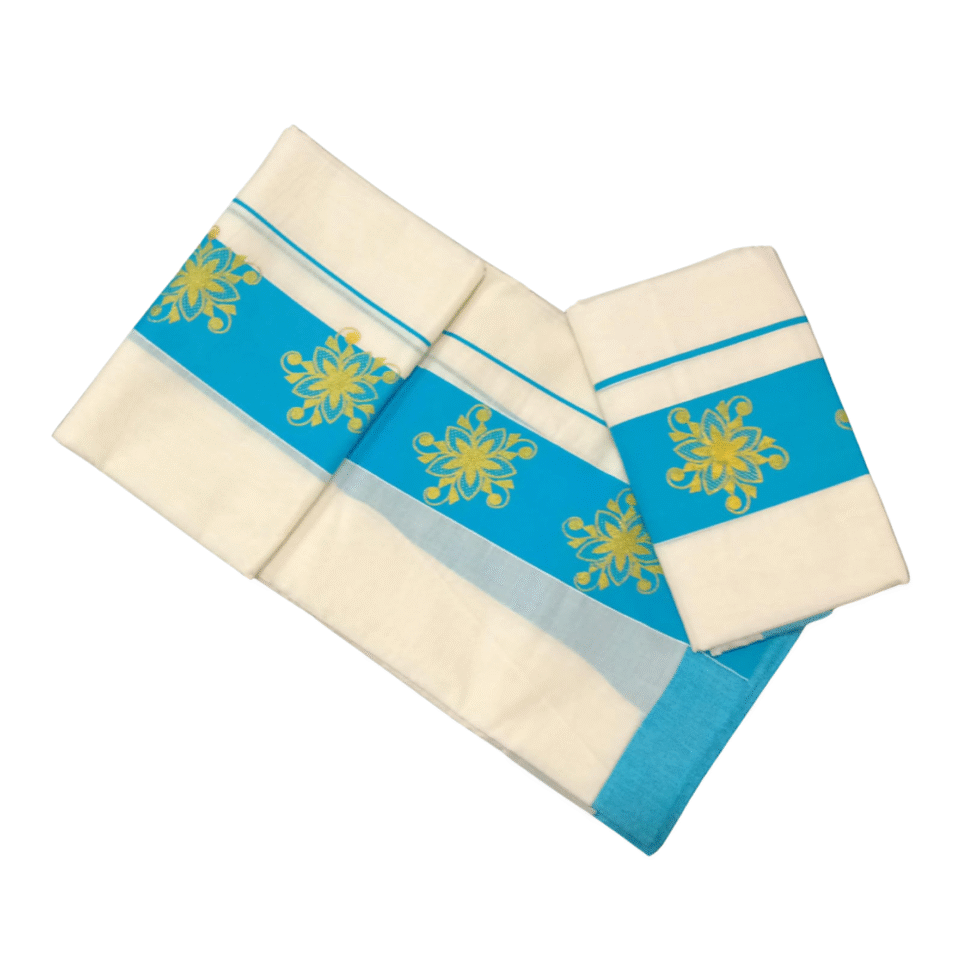 Ramsons-Cotton-Set-Mundu-with-3-inch-Kattikkara-Print-RM4-Cyan
