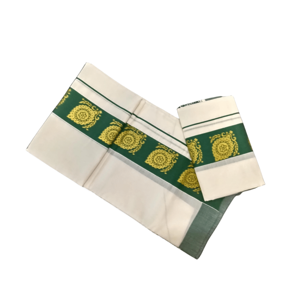 Ramsons Cotton Set Mundu with 3-inch Kattikkara Print - RM4 Forest Green
