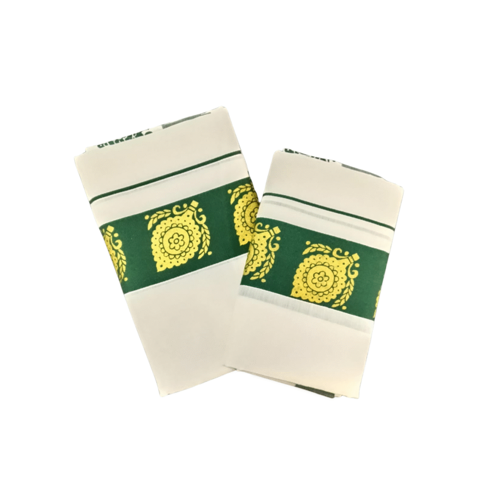 Ramsons Cotton Set Mundu with 3-inch Kattikkara Print - RM4 Forest Green