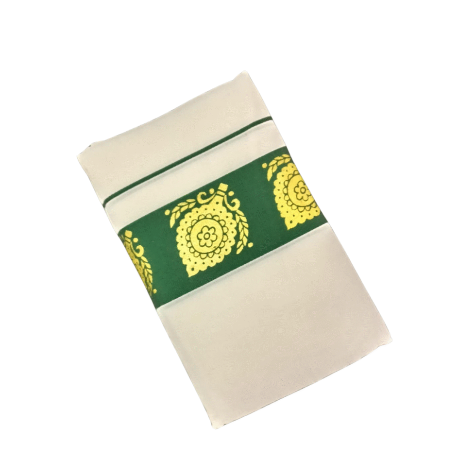 Ramsons Cotton Set Mundu with 3-inch Kattikkara Print - RM4 Forest Green
