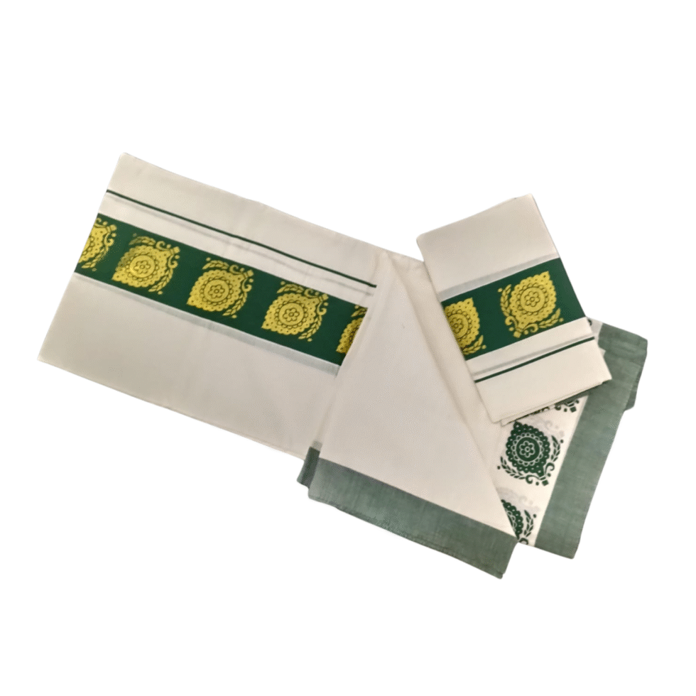 Ramsons Cotton Set Mundu with 3-inch Kattikkara Print - RM4 Forest Green