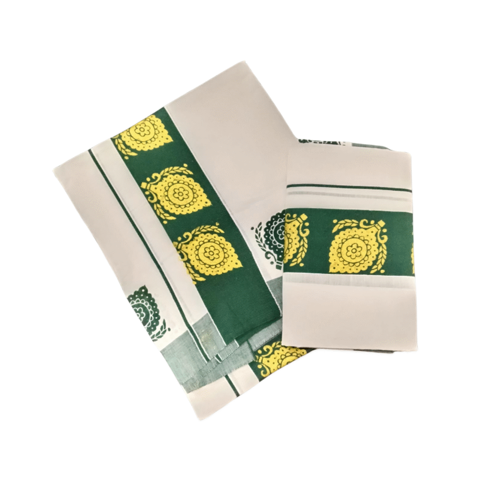 Ramsons Cotton Set Mundu with 3-inch Kattikkara Print - RM4 Forest Green
