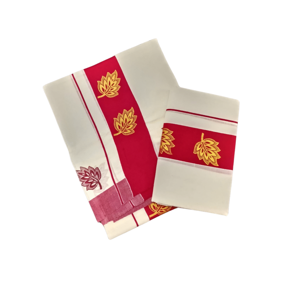 Ramsons Cotton Set Mundu with 3-inch Kattikkara Print - RM4 Magenta