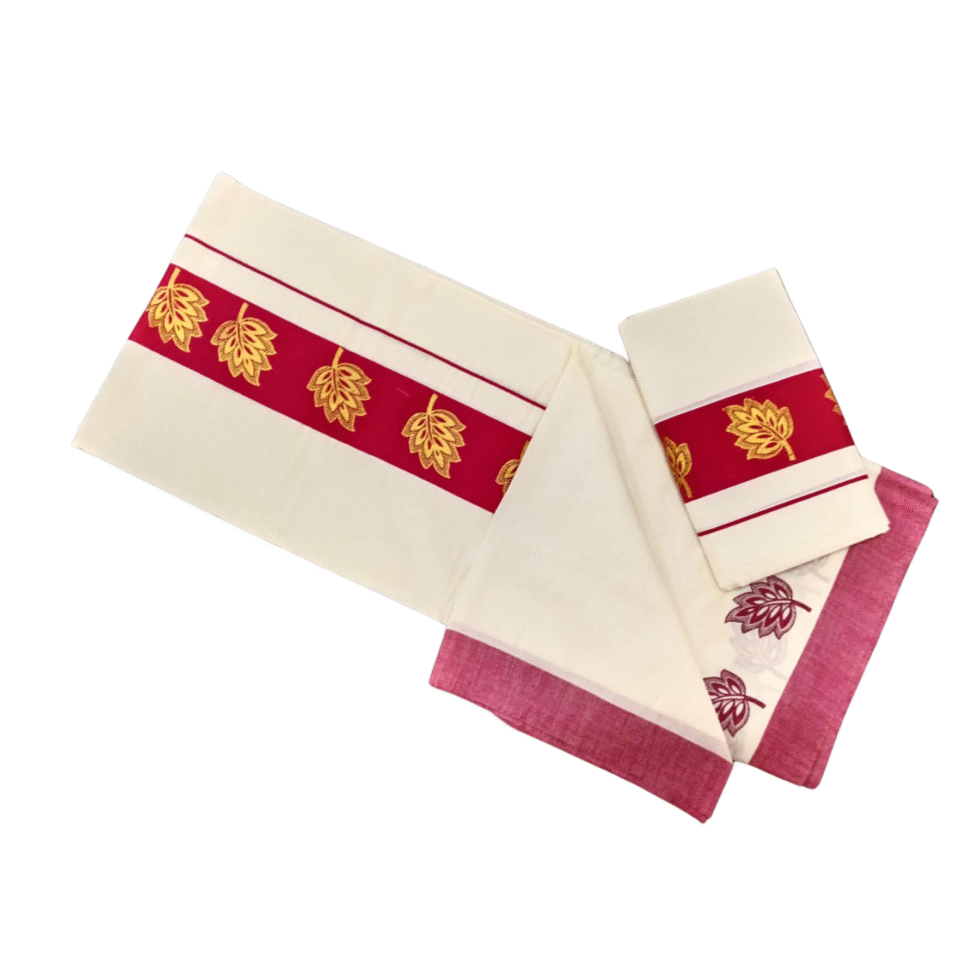 Ramsons Cotton Set Mundu with 3-inch Kattikkara Print - RM4 Magenta