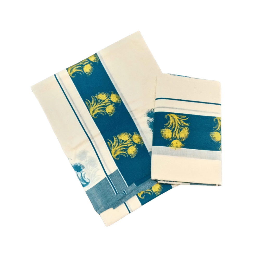 Ramsons Cotton Set Mundu with 3-inch Kattikkara Print - RM4 Peacock Blue