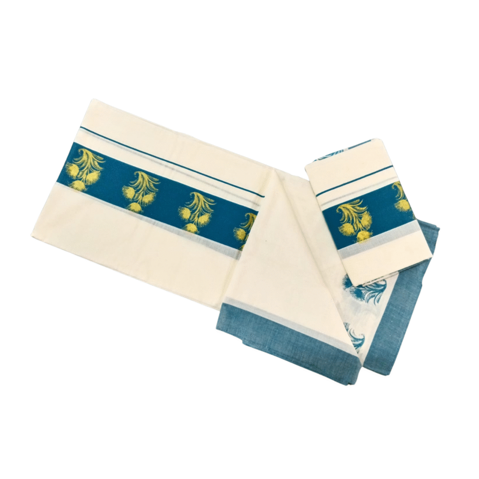 Ramsons Cotton Set Mundu with 3-inch Kattikkara Print - RM4 Peacock Blue
