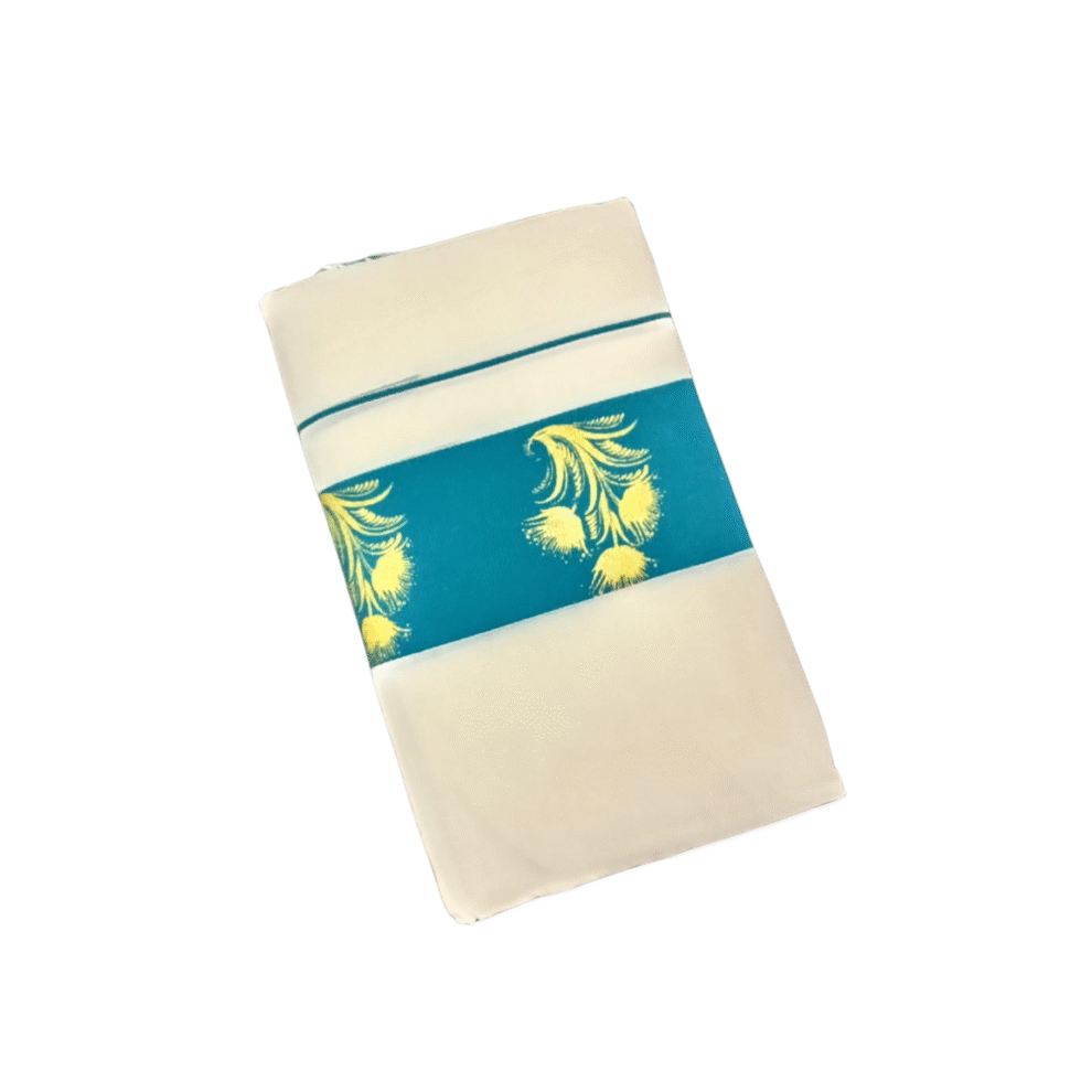 Ramsons Cotton Set Mundu with 3-inch Kattikkara Print - RM4 Peacock Blue