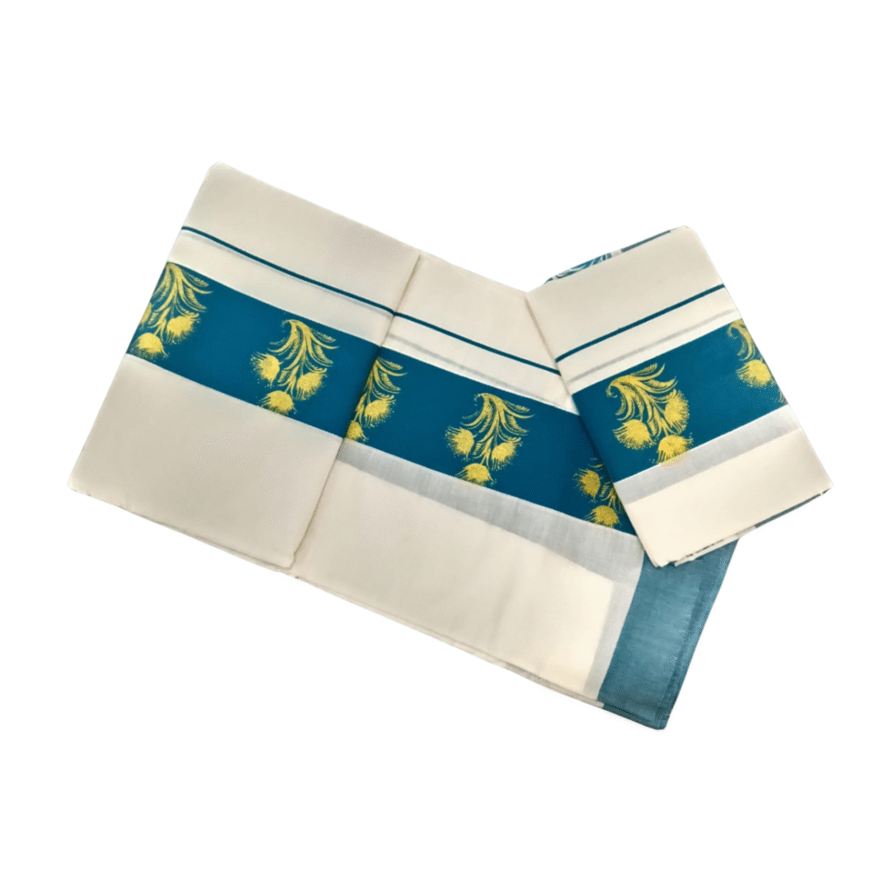 Ramsons Cotton Set Mundu with 3-inch Kattikkara Print - RM4 Peacock Blue