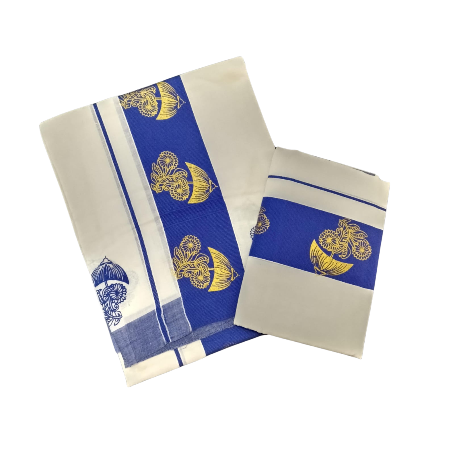Ramsons Cotton Set Mundu with 3-inch Kattikkara Print - RM4 Royal Blue