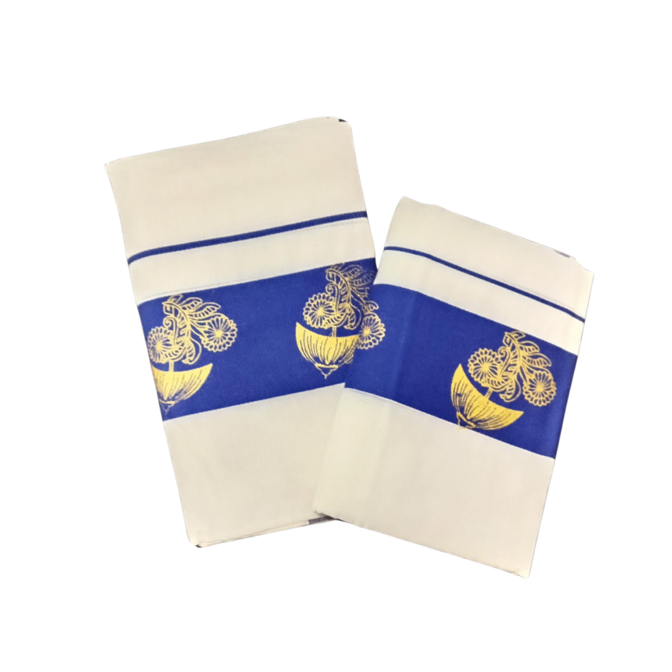 Ramsons Cotton Set Mundu with 3-inch Kattikkara Print - RM4 Royal Blue