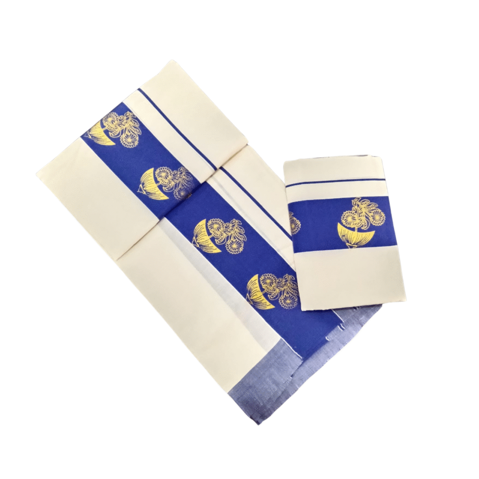 Ramsons Cotton Set Mundu with 3-inch Kattikkara Print - RM4 Royal Blue