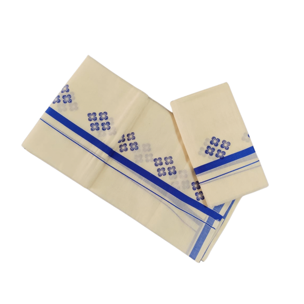 Ramsons Cotton Set Mundu with Half-inch Kattikkara Print - RM5 Blue