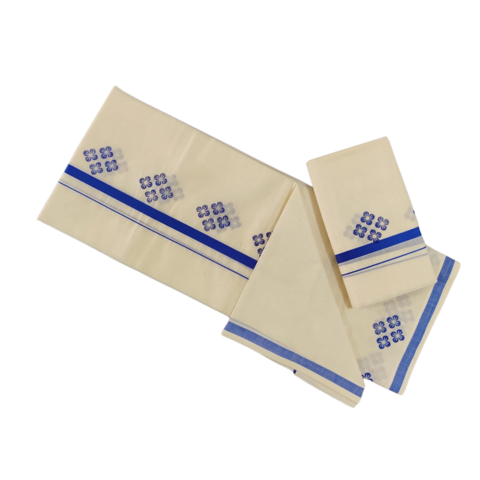 Ramsons Cotton Set Mundu with Half-inch Kattikkara Print - RM5 Blue