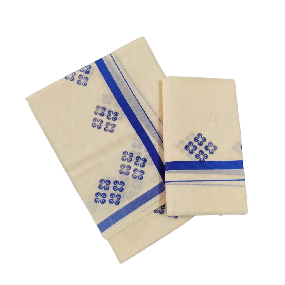 Ramsons Cotton Set Mundu with Half-inch Kattikkara Print - RM5 Blue