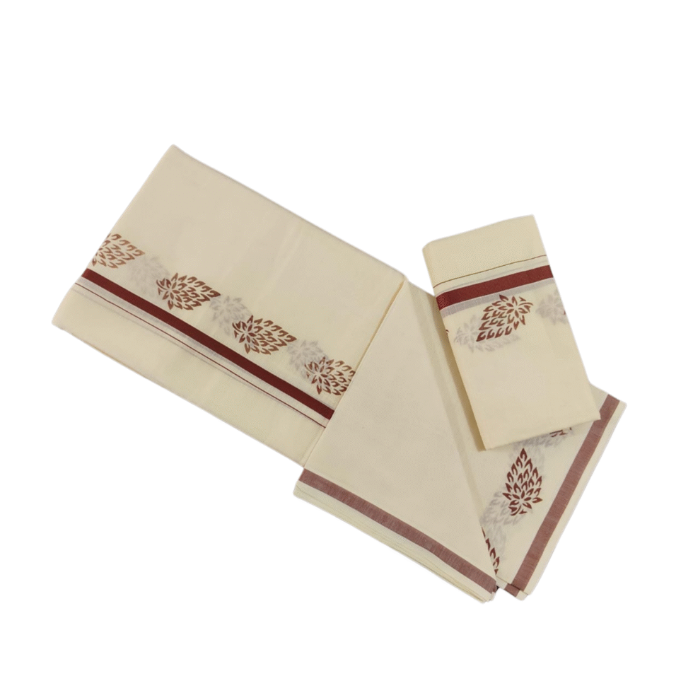 Ramsons Cotton Set Mundu with Half-inch Kattikkara Print - RM5 Brown