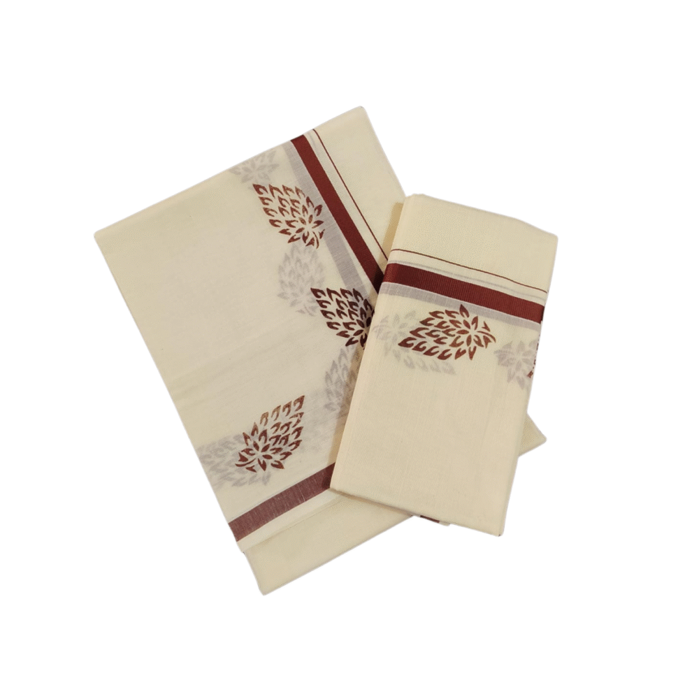 Ramsons Cotton Set Mundu with Half-inch Kattikkara Print - RM5 Brown