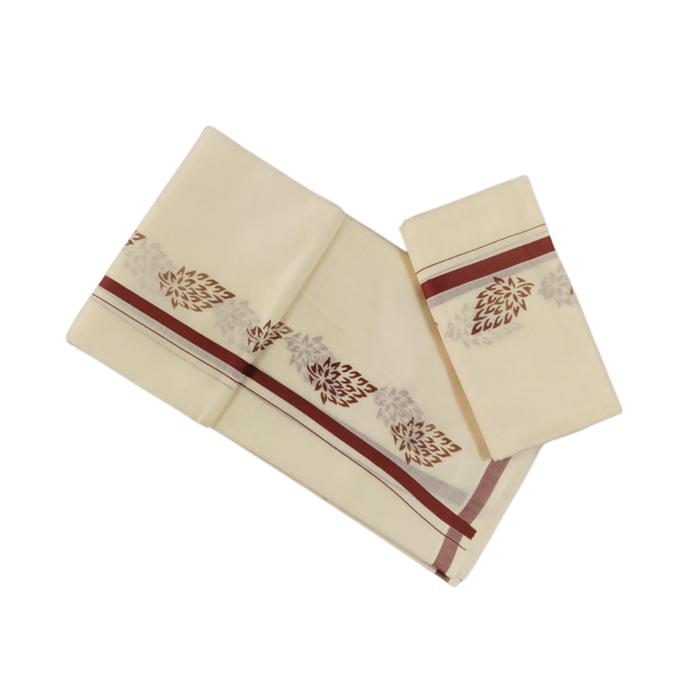Ramsons Cotton Set Mundu with Half-inch Kattikkara Print - RM5 Brown