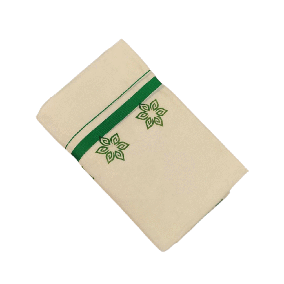 Ramsons Cotton Set Mundu with Half-inch Kattikkara Print - RM5 Leaf Green