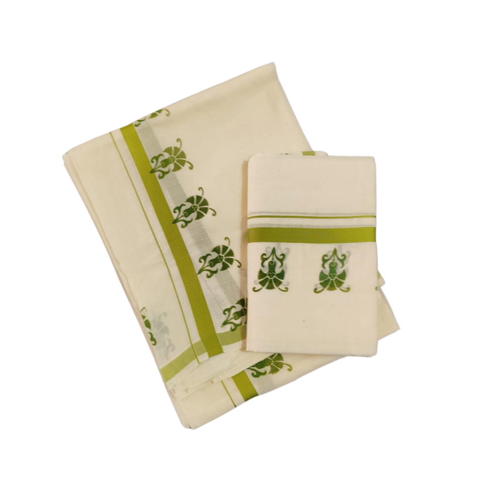 Ramsons Cotton Set Mundu with Half-inch Kattikkara Print - RM5 Olive Green