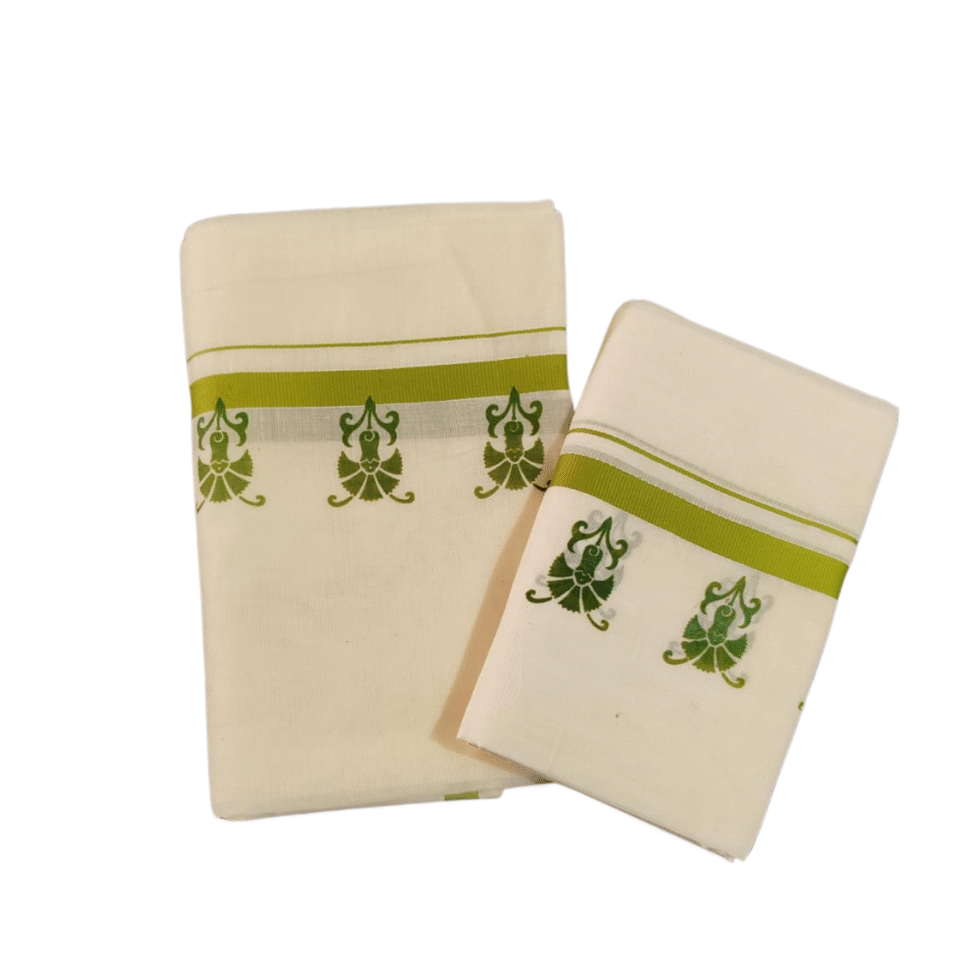Ramsons Cotton Set Mundu with Half-inch Kattikkara Print - RM5 Olive Green