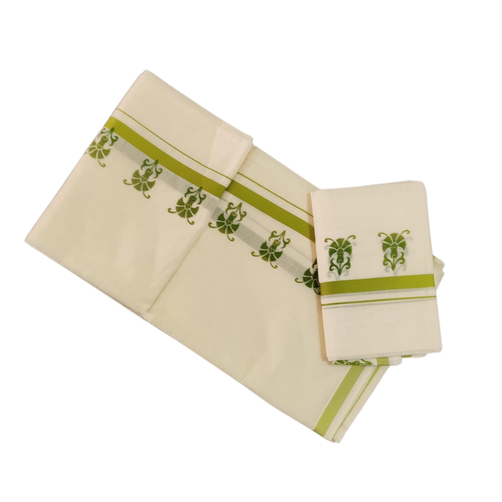 Ramsons Cotton Set Mundu with Half-inch Kattikkara Print - RM5 Olive Green