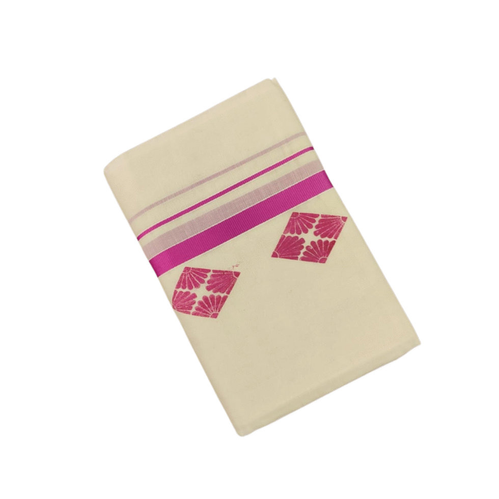 Ramsons Cotton Set Mundu with Half-inch Kattikkara Print - RM5 Pink