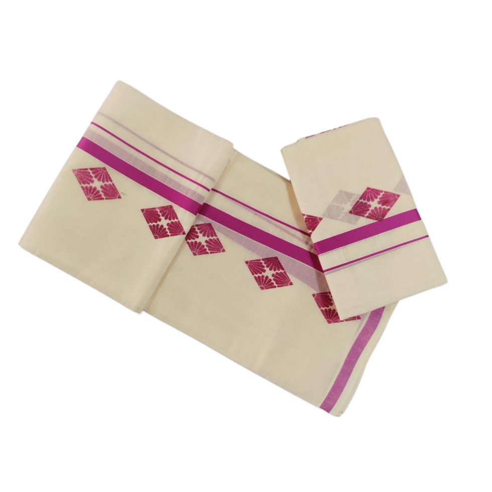 Ramsons Cotton Set Mundu with Half-inch Kattikkara Print - RM5 Pink