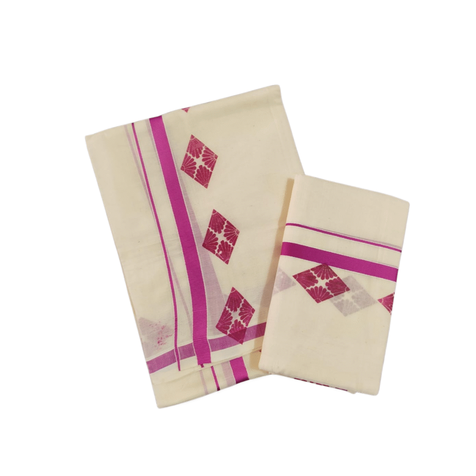 Ramsons Cotton Set Mundu with Half-inch Kattikkara Print - RM5 Pink