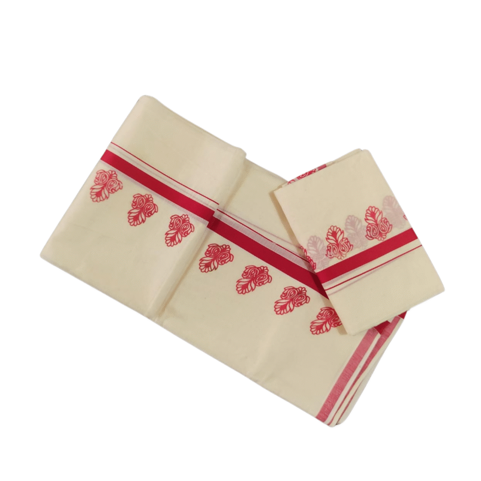 Ramsons Cotton Set Mundu with Half-inch Kattikkara Print - RM5 Red