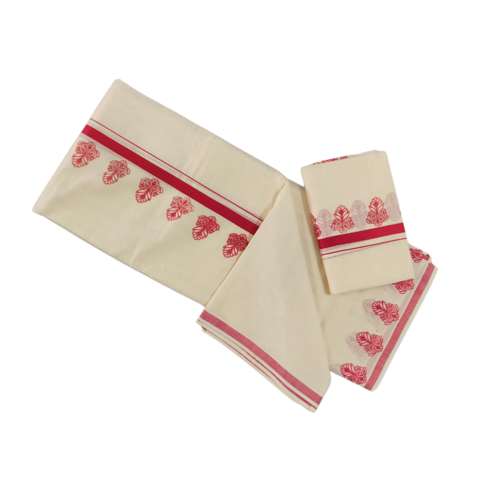 Ramsons Cotton Set Mundu with Half-inch Kattikkara Print - RM5 Red