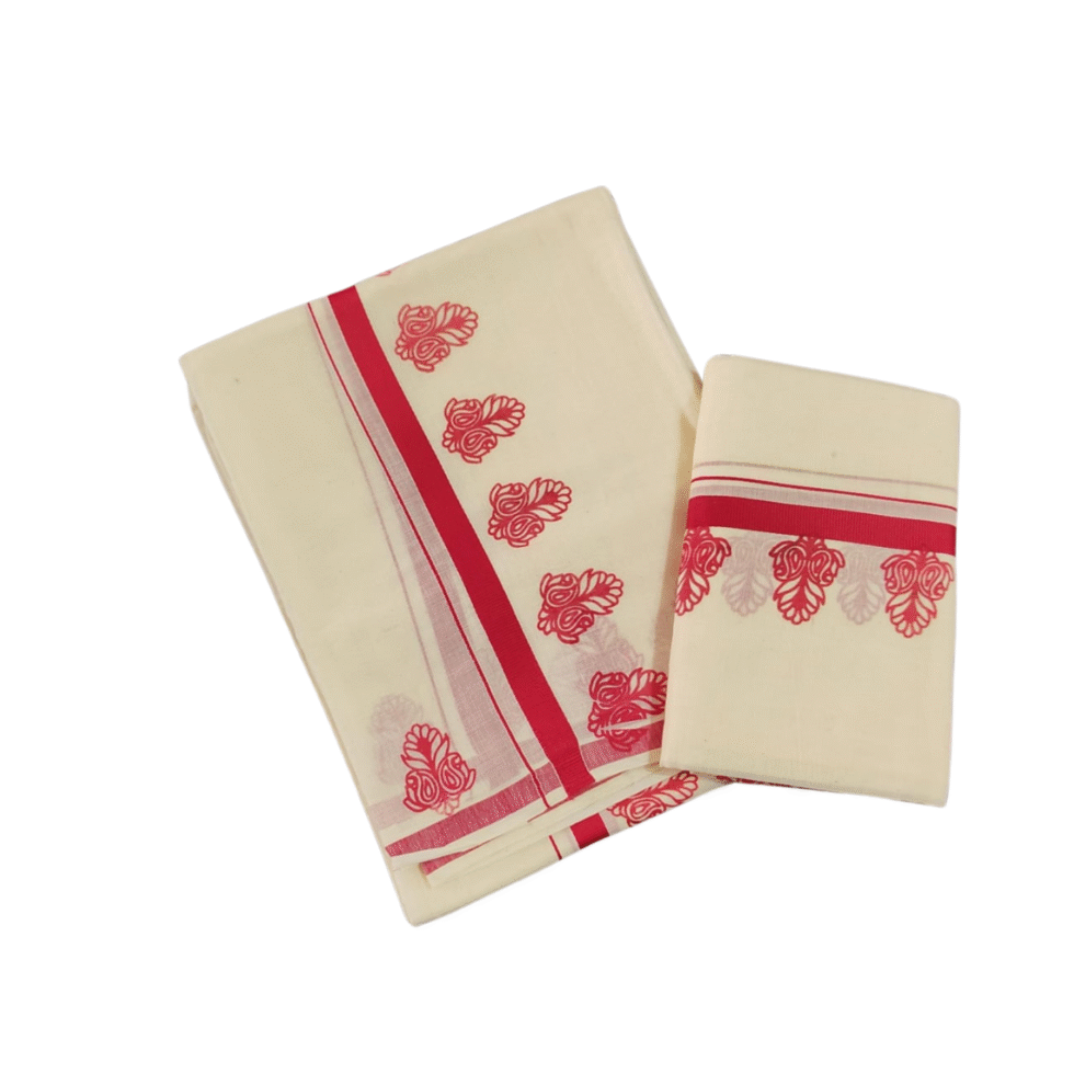 Ramsons Cotton Set Mundu with Half-inch Kattikkara Print - RM5 Red