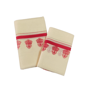 Ramsons Cotton Set Mundu with Half-inch Kattikkara Print - RM5 Red