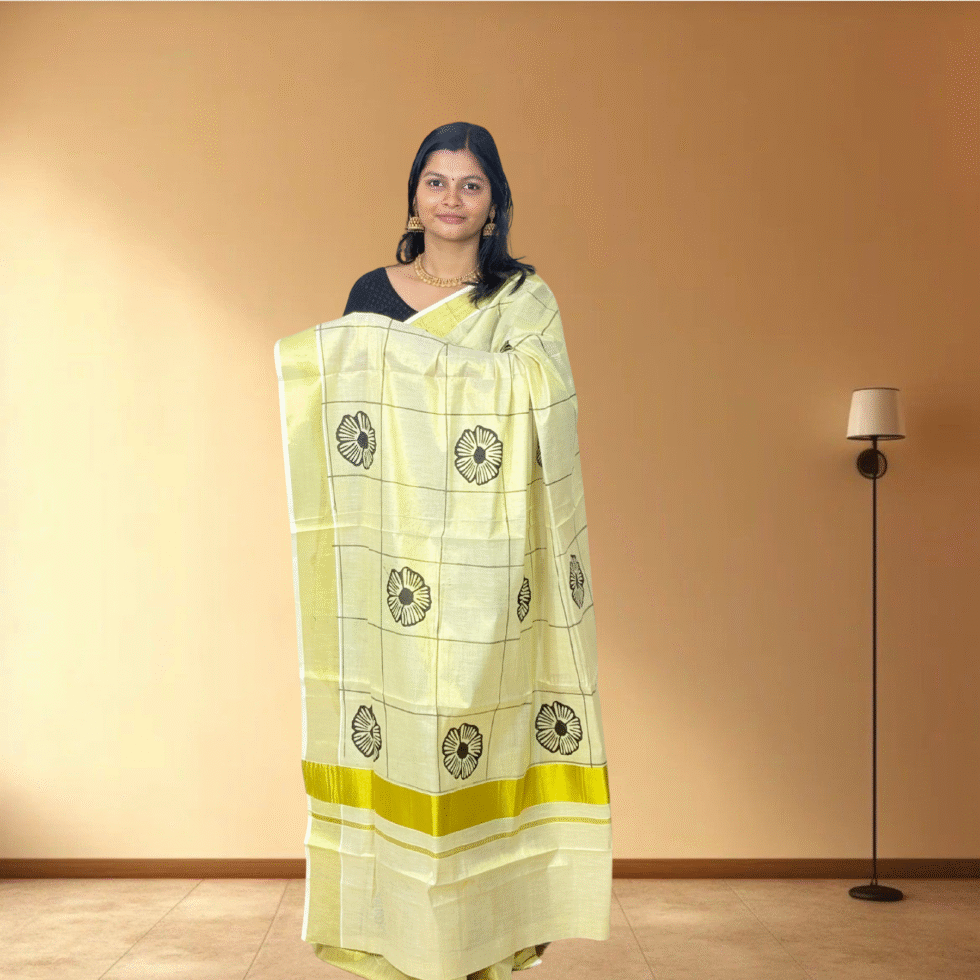 Ramsons Black Flower Printed Golden Kasavu Tissue Saree - RM2089