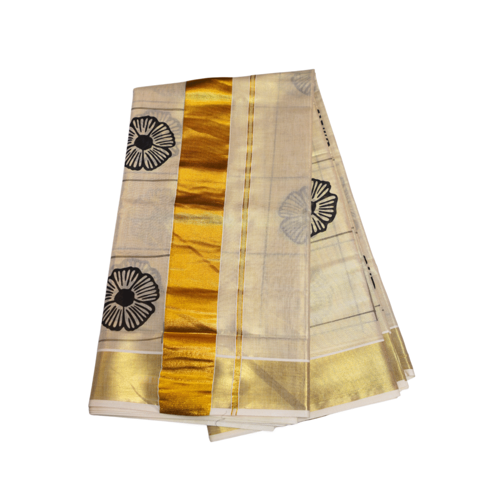 Ramsons Black Flower Printed Golden Kasavu Tissue Saree - RM2089