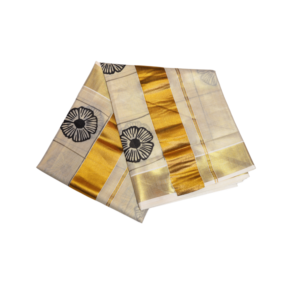 Ramsons Black Flower Printed Golden Kasavu Tissue Saree - RM2089