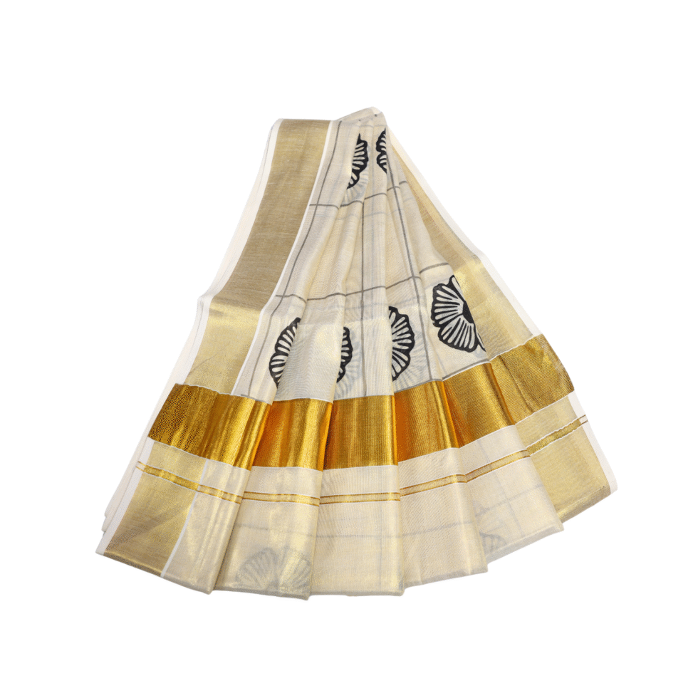 Ramsons Black Flower Printed Golden Kasavu Tissue Saree - RM2089