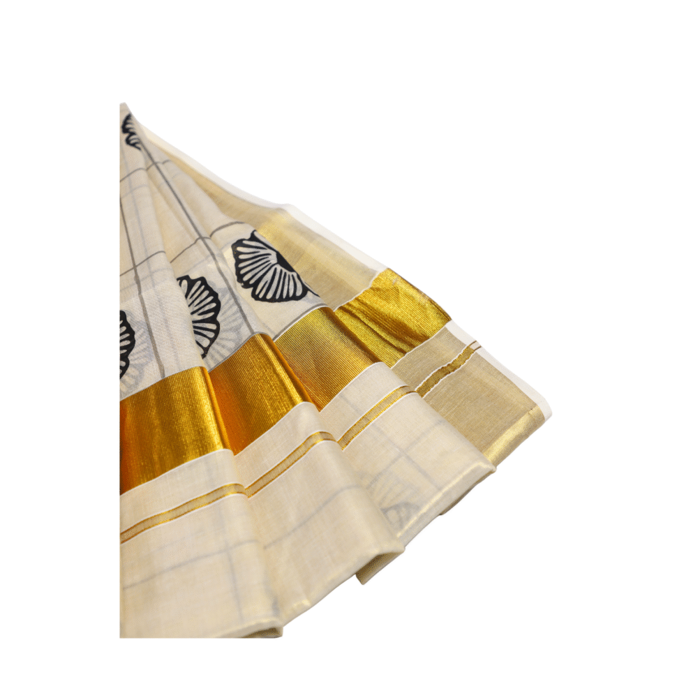 Ramsons Black Flower Printed Golden Kasavu Tissue Saree - RM2089