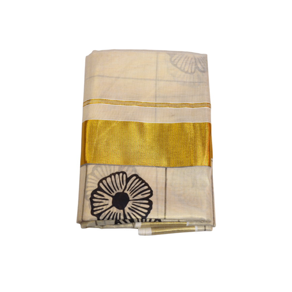 Ramsons Black Flower Printed Golden Kasavu Tissue Saree - RM2089