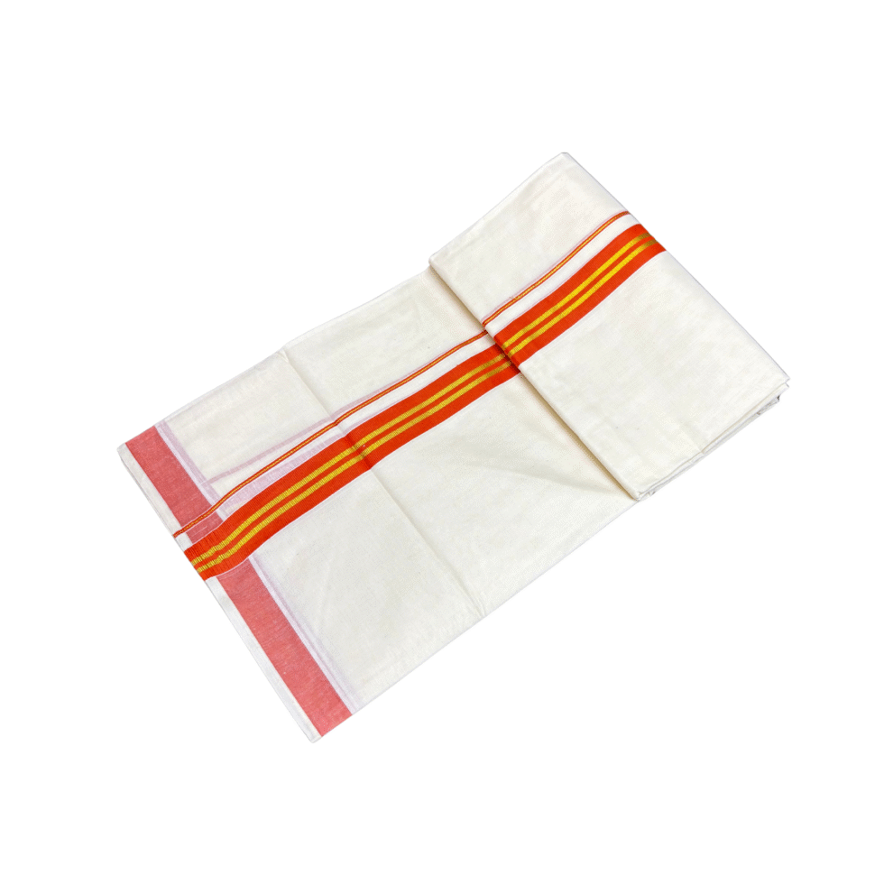 Ramsons Cotton Cream Double Dhoti with 1 Inch Reddish Orange Jari - RM299