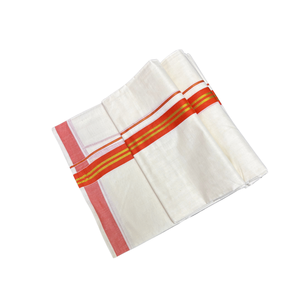 Ramsons Cotton Cream Double Dhoti with 1 Inch Reddish Orange Jari - RM299