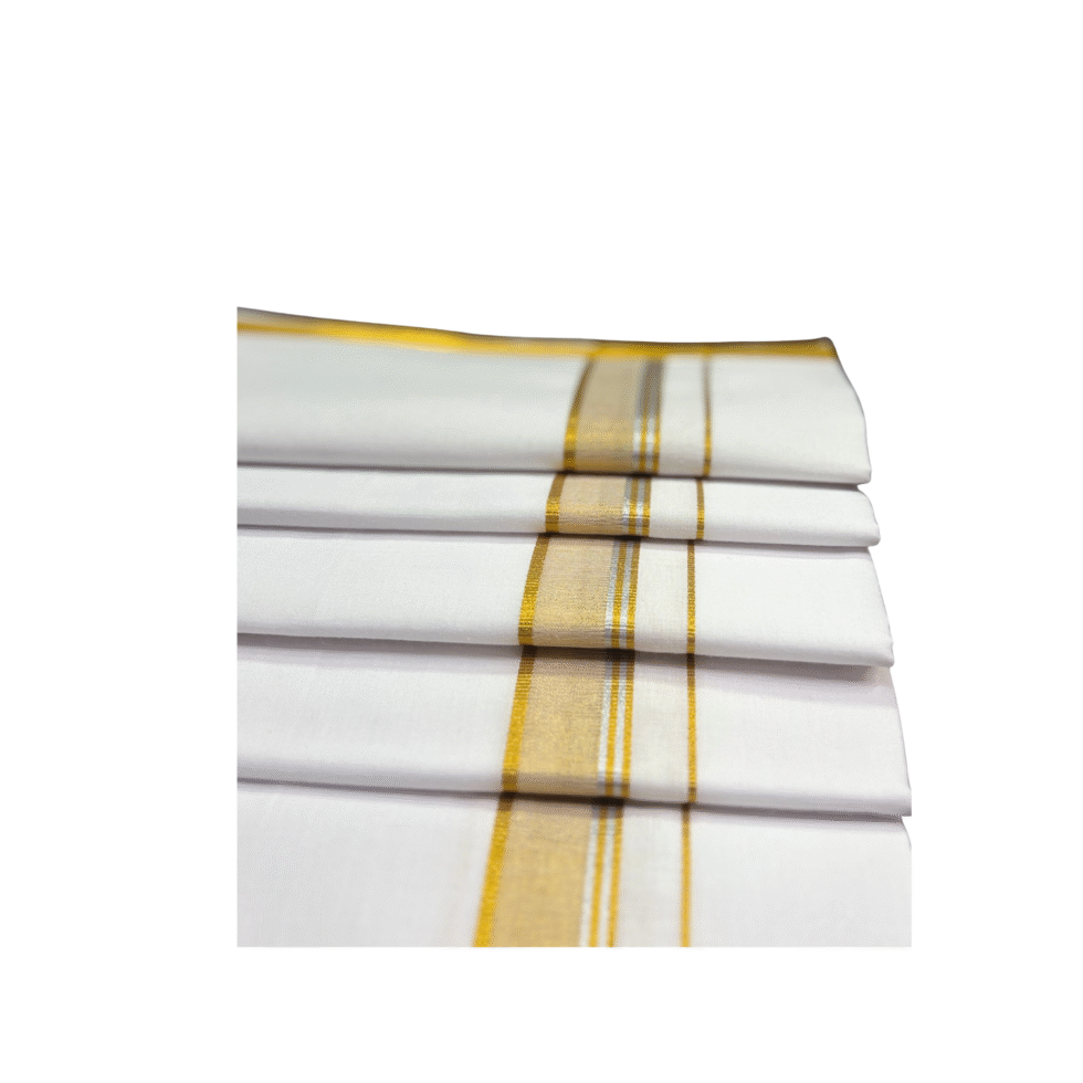 Ramsons Cotton White Single Dhoti with 1 Inch Gold Kara and Silver Border - RM745