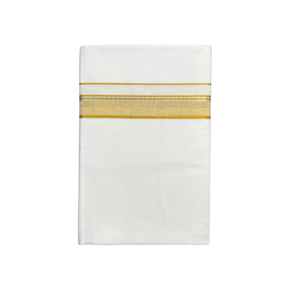 Ramsons Cotton White Single Dhoti with 1 Inch Gold Kara and Silver Border - RM745