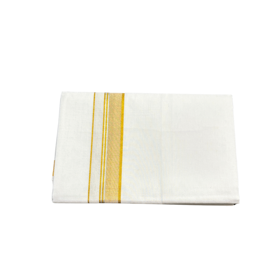 Ramsons Cotton White Single Dhoti with 1 Inch Gold Kara and Silver Border - RM745