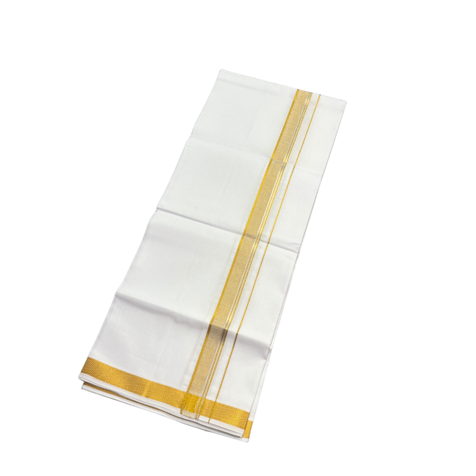 Ramsons Cotton White Single Dhoti with 1 Inch Gold Kara and Silver Border - RM745