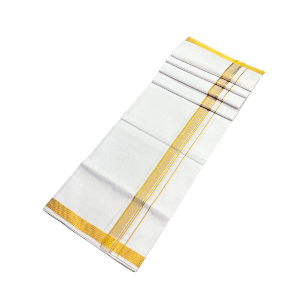 Ramsons Cotton White Single Dhoti with 1 Inch Gold Kara and Silver Border - RM745