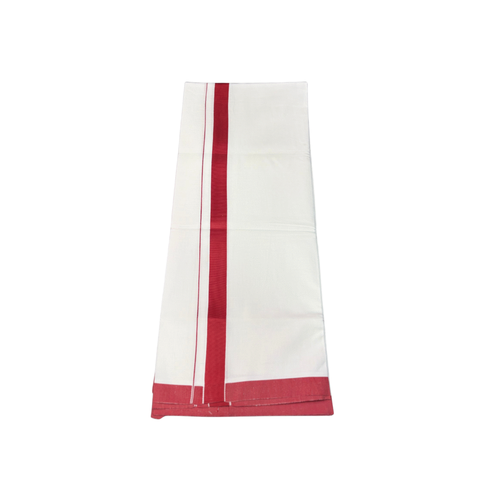 Ramsons Cotton White Single Dhoti with 1 Inch Maroon Kattikara - RM805